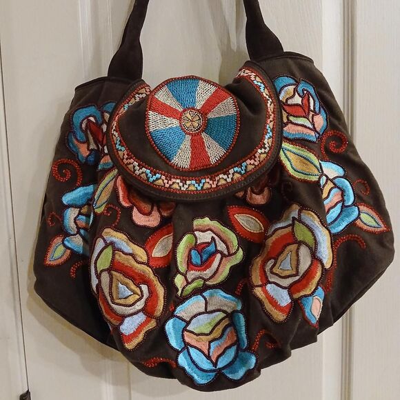 Tasha Polizzi Collection Large Brown Hobo Unique Embroidered & Beaded Flowers - Picture 3 of 8
